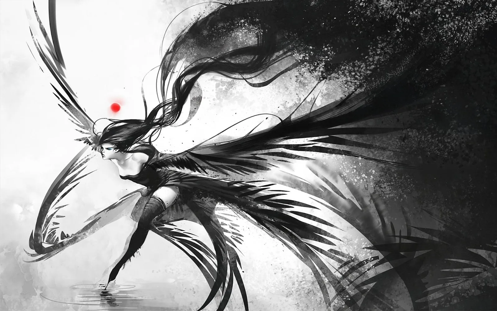 Feathers and hair dissolve into wet black brushstrokes across a pale ground, a single red dot marking where the face turns away.