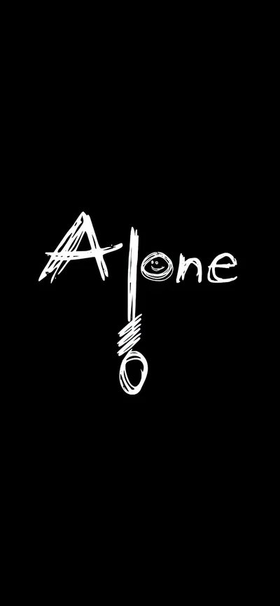 The word Alone is scrawled in rough white strokes across the middle of a black portrait frame, a knotted rope doodle trailing below the final letters.