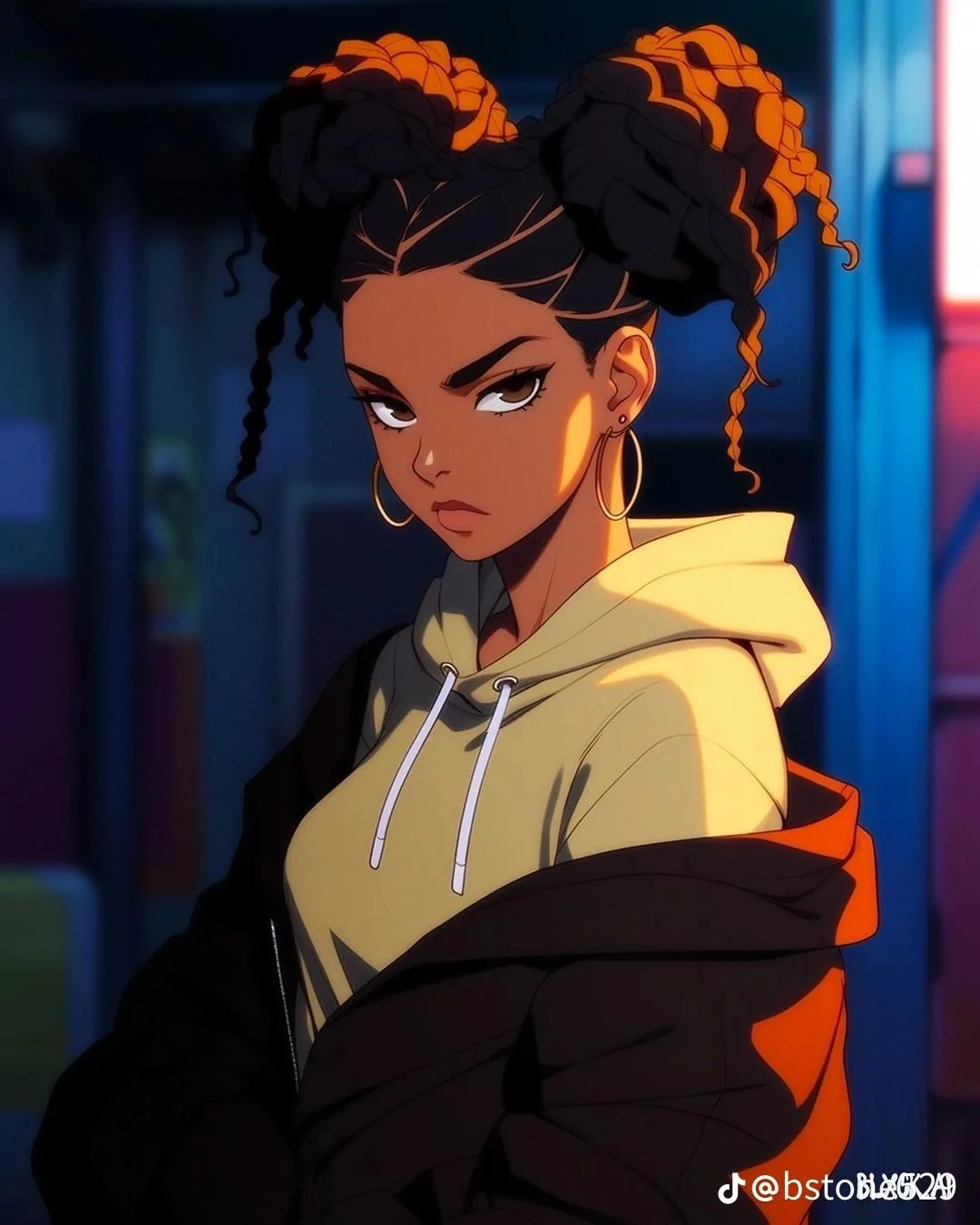 Twisted knots streaked with orange, hood up under a black puffer jacket, neon signs melting into blur down the street behind her.