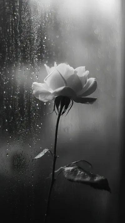 A white rose photographed through rain-covered glass in monochrome, drops blurring the stem and one leaf hanging low on the right.