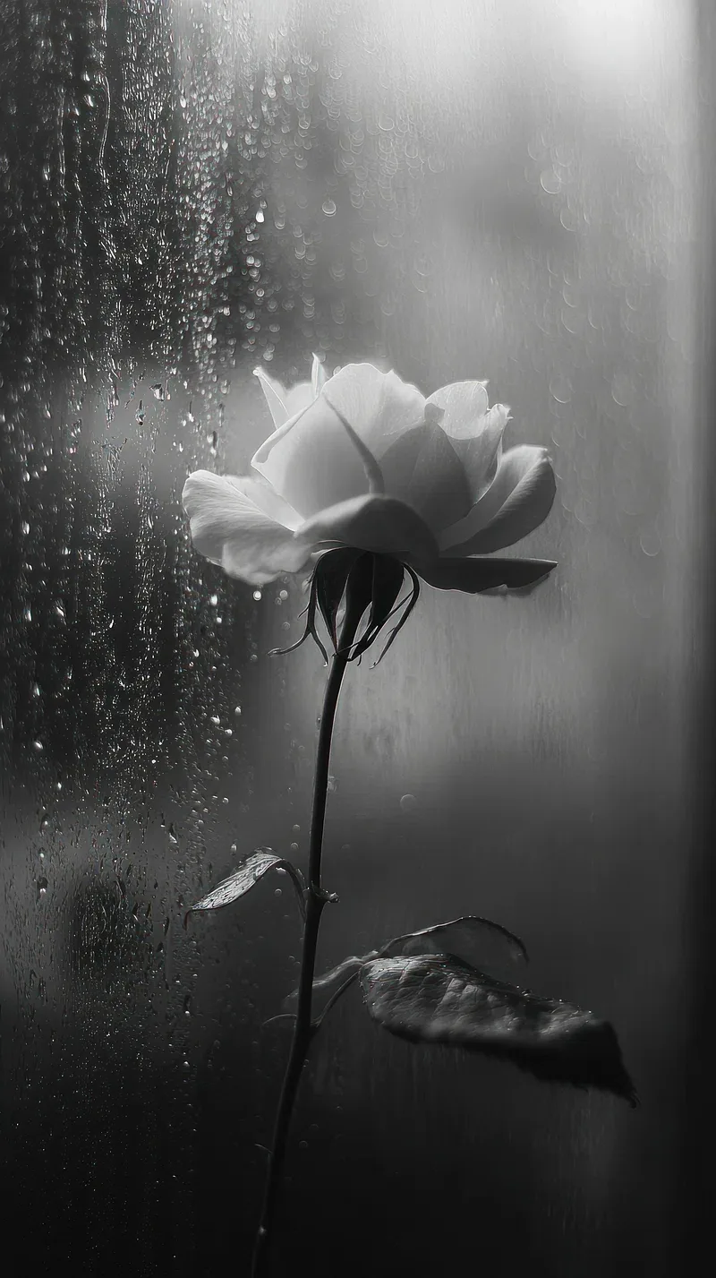 A white rose photographed through rain-covered glass in monochrome, drops blurring the stem and one leaf hanging low on the right.