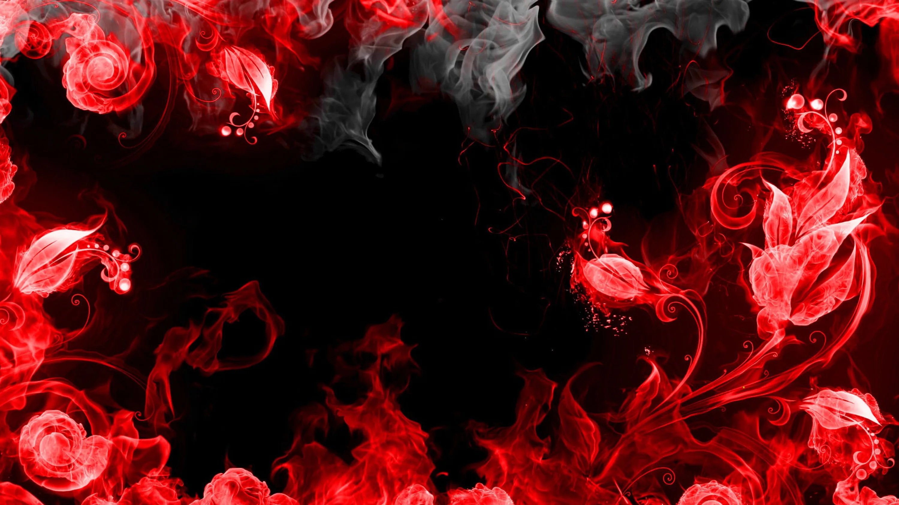 Red smoke curls inward from all four edges, forming rose shapes at the corners and leaving a clear black hollow in the middle.