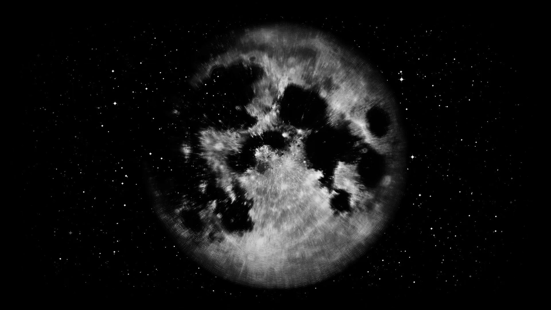 Heavy dark maria mottle the lunar face like spilled ink, a thin scatter of stars keeping the black around it from going flat.
