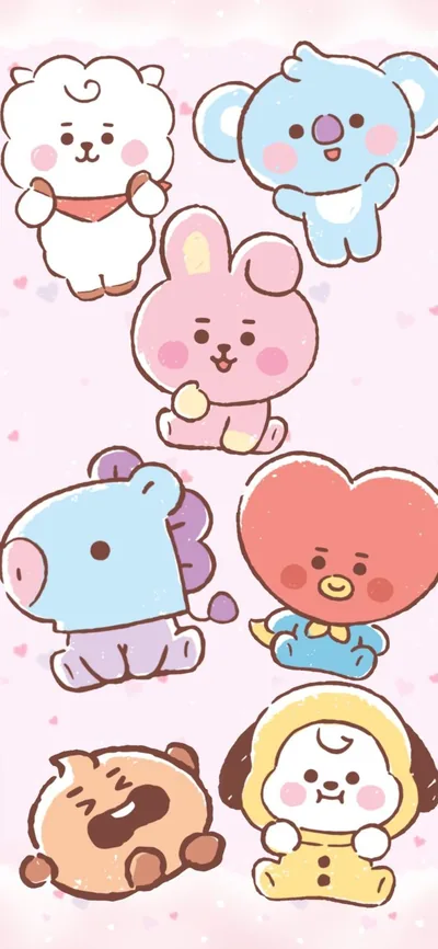 Seven BT21 babies, from RJ down to Chimmy and Shooky, stack down the middle of pale pink, reaching both edges so side icons overlap them.