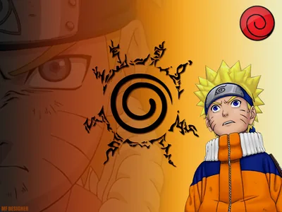 A young ninja in orange stands to the right while a black spiral seal and a faded second face fill the warm background.