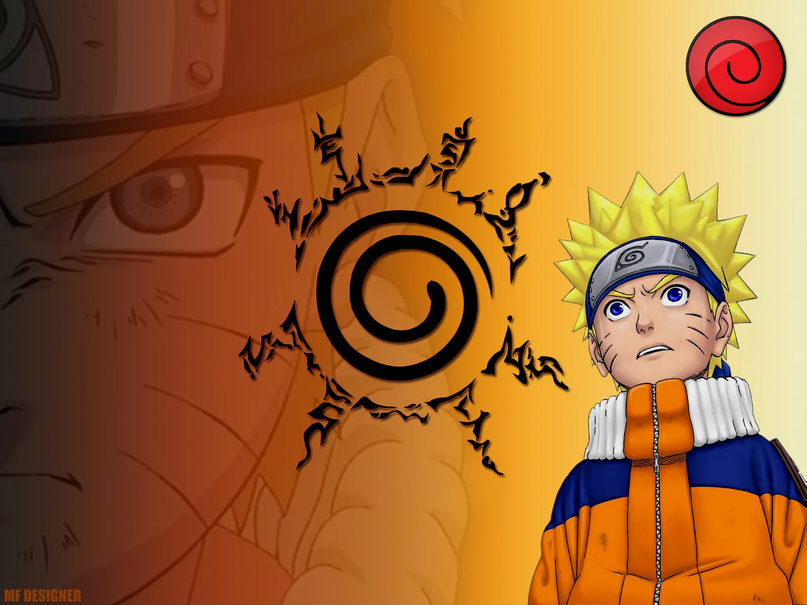 A young ninja in orange stands to the right while a black spiral seal and a faded second face fill the warm background.