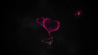 Two glowing pink hearts drift up from a wire stem, drawn in thin neon light against an almost entirely black background.