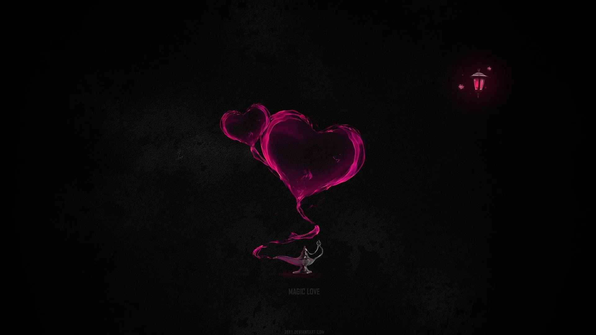 Two glowing pink hearts drift up from a wire stem, drawn in thin neon light against an almost entirely black background.