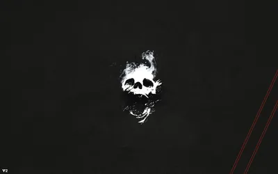 A skull forms out of white paint splatter near the top of the frame, thin red lines cutting in at the right.