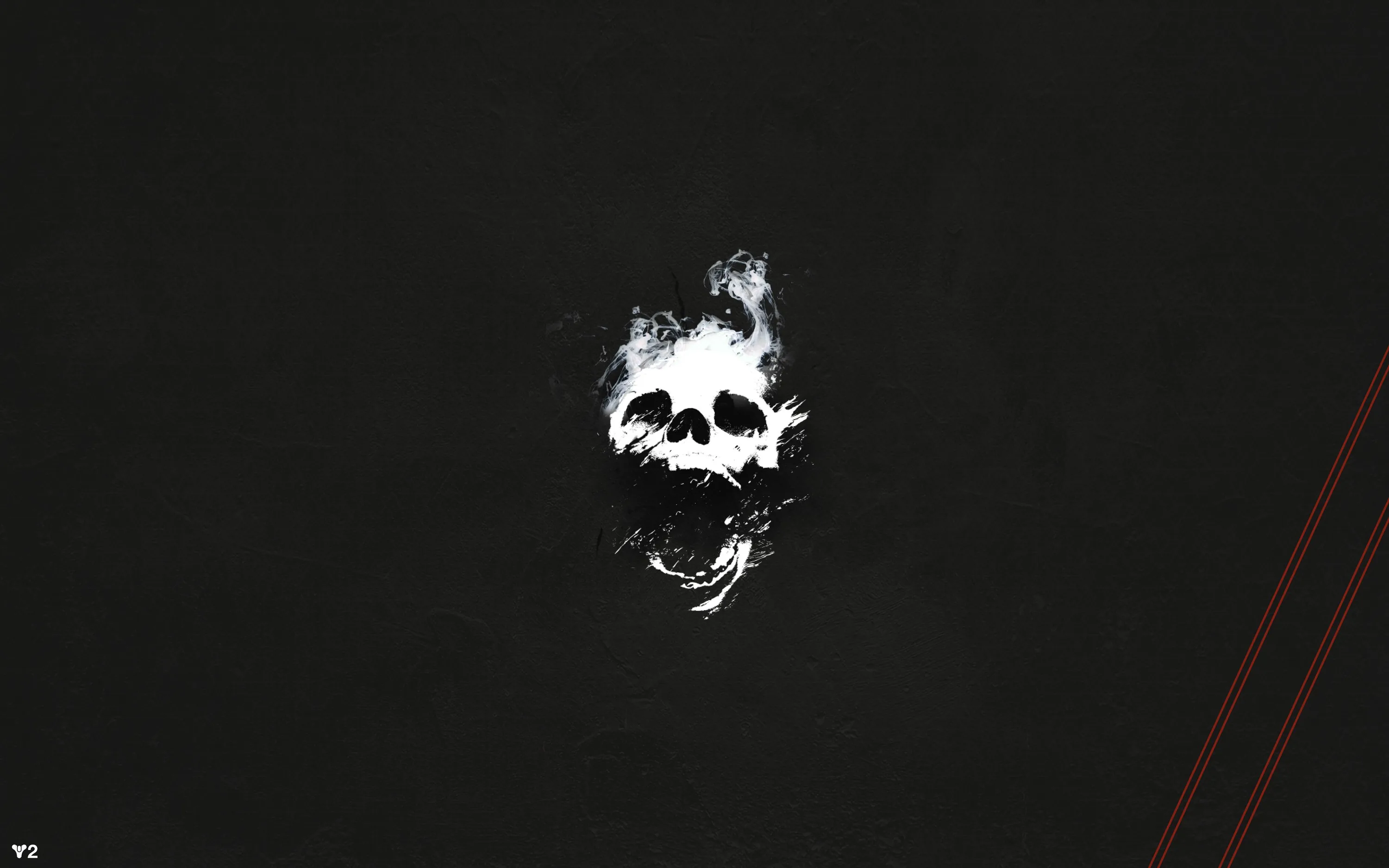 A skull forms out of white paint splatter near the top of the frame, thin red lines cutting in at the right.