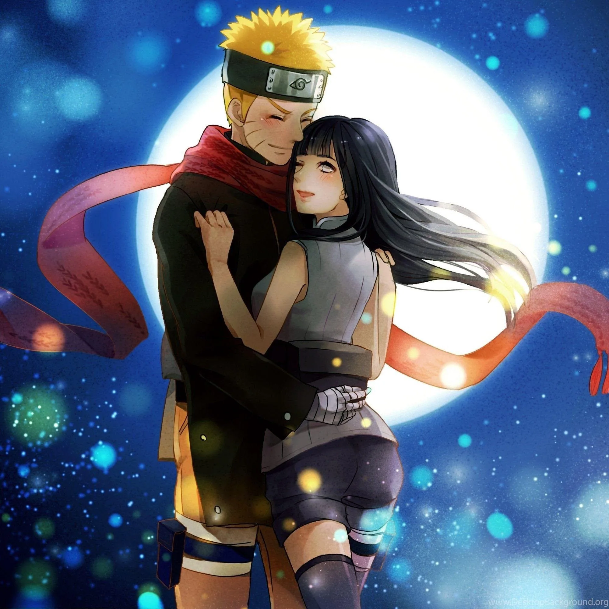 Naruto wraps Hinata in his long red scarf against a huge full moon, teal sparks drifting through the night — the square crop keeps the couple centred on any screen.