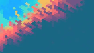 Coral, purple, and sky-blue hexagons cluster in the upper-left and dissolve pixel by pixel into flat teal, leaving the whole right half clear for icons.