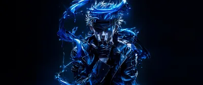 A stylised figure in a leather jacket stands centre frame with blue energy spiralling around the head and shoulders on a black background.