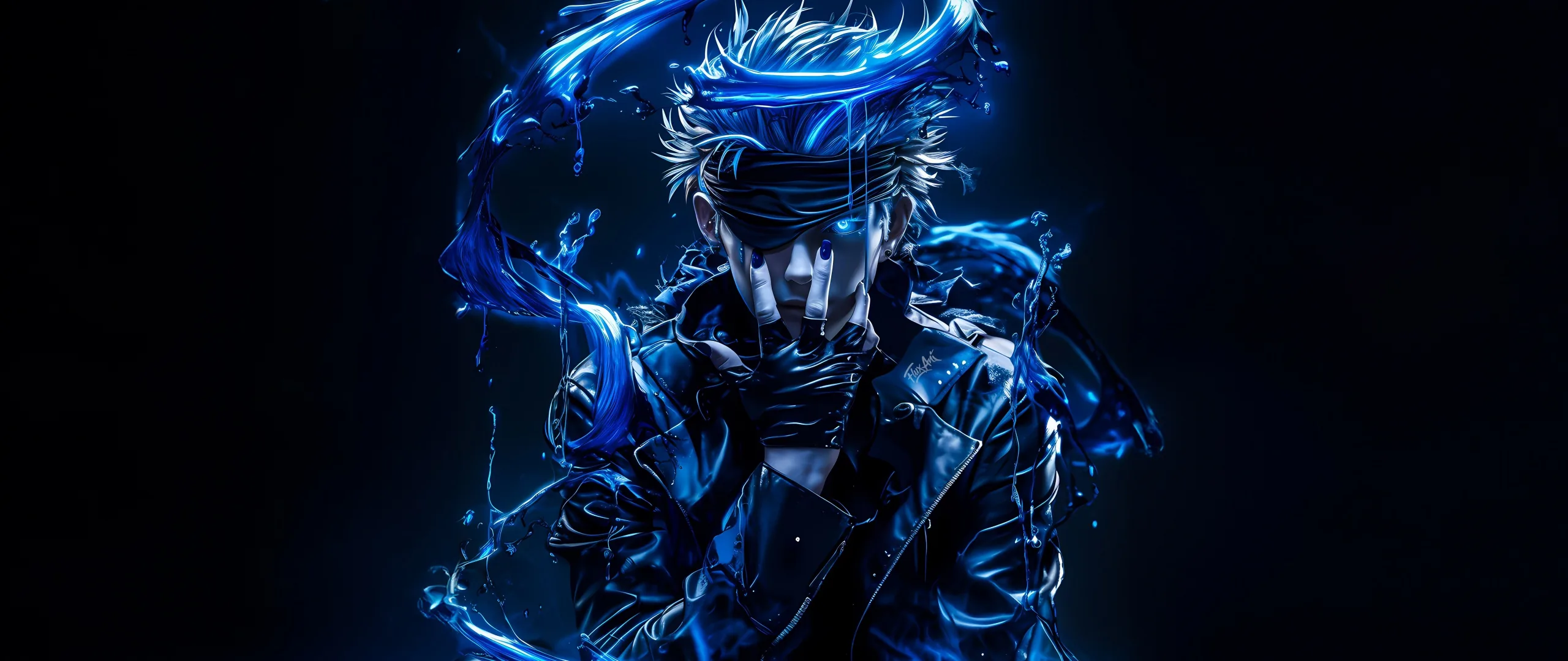 A stylised figure in a leather jacket stands centre frame with blue energy spiralling around the head and shoulders on a black background.