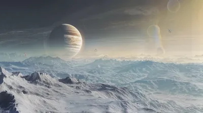 CGI view from an icy planet, ridged frost stretching toward a banded gas giant that hangs in a pale, hazy sky.