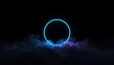 A glowing circle of blue light hovers over rolling smoke tinted violet at the base, black filling everything above it.