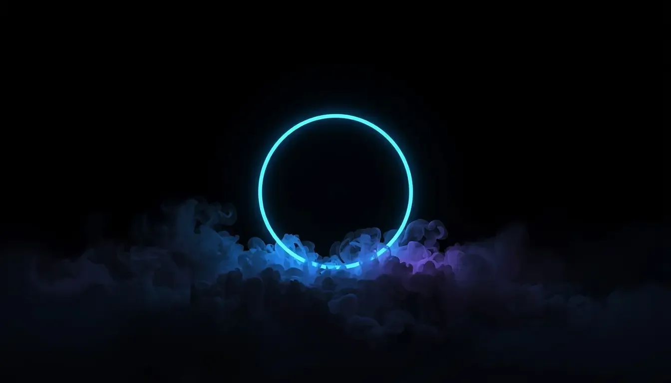 A glowing circle of blue light hovers over rolling smoke tinted violet at the base, black filling everything above it.