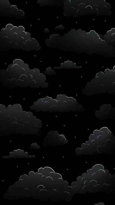 Soft rounded clouds drift across a black sky in dark grey, tiny white stars scattered in the gaps between them.