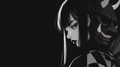 She turns in profile with long black and white hair while a horned demon mask looms at her shoulder, everything in cold greyscale.