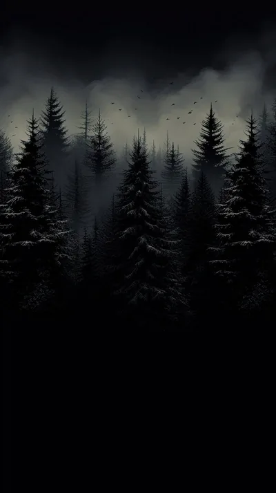 Rows of fir trees stand black against a cloudy pale sky, birds scattered above and the lower third dissolving into darkness.