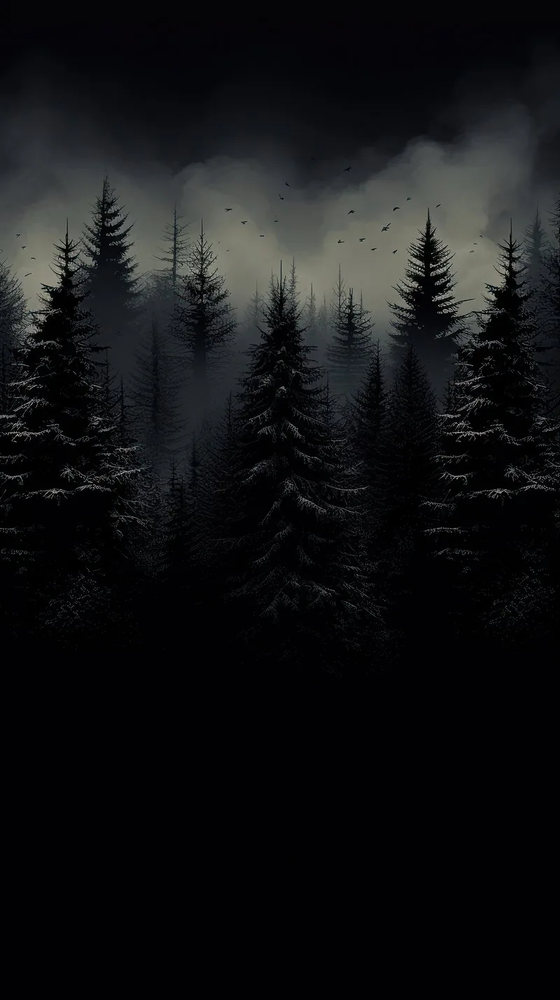 Rows of fir trees stand black against a cloudy pale sky, birds scattered above and the lower third dissolving into darkness.
