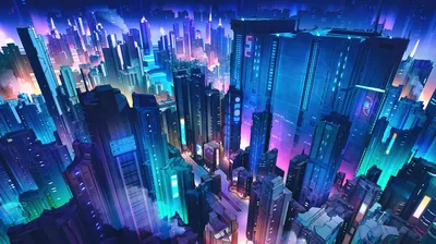 Painted skyscrapers packed edge to edge glow teal, violet and pink under night haze, so dense that any phone crop still lands on lit towers.