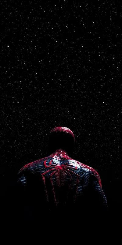 Spider-Man seen from behind against a dense field of stars, the red suit reading almost brown in the low light.