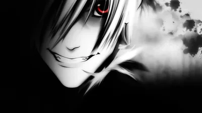High-contrast monochrome close-up, the grin lit hard from the left and ink-like blots creeping in from the right side of the frame.