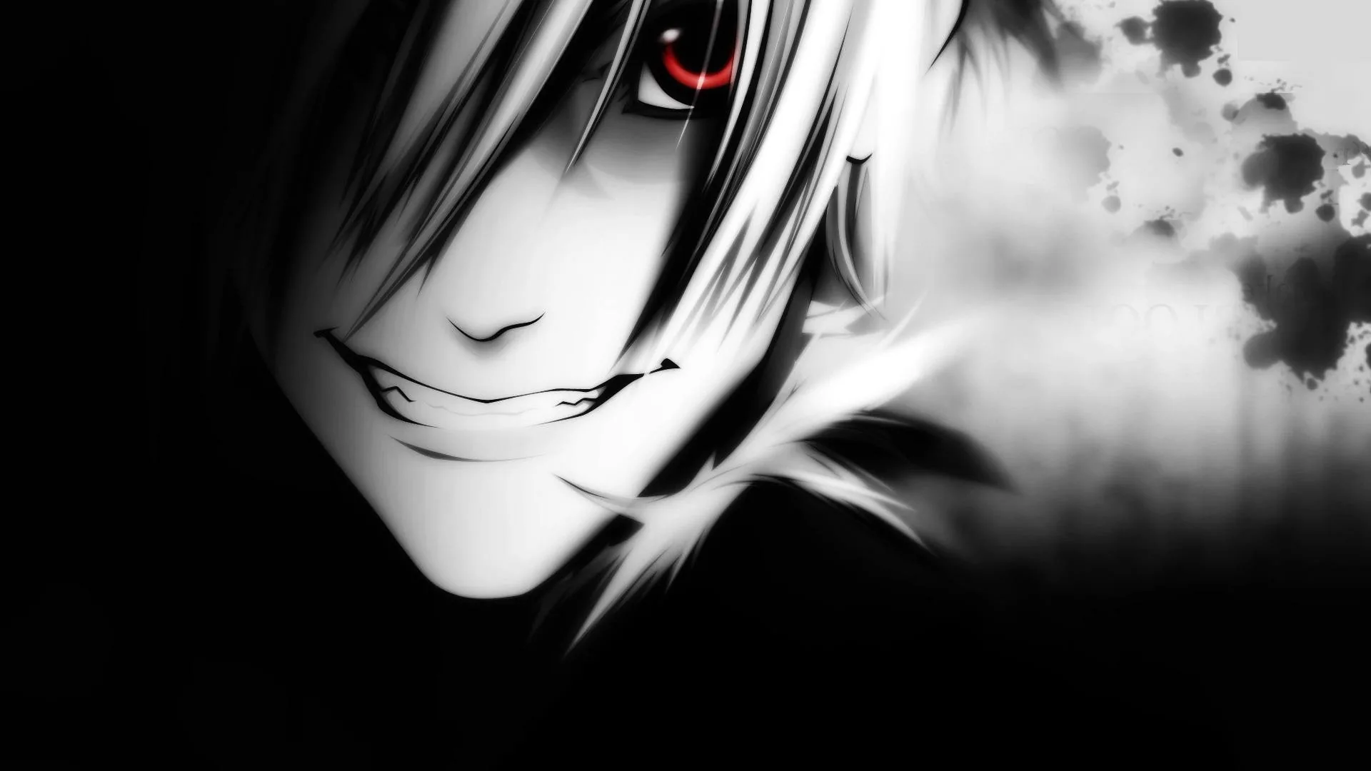High-contrast monochrome close-up, the grin lit hard from the left and ink-like blots creeping in from the right side of the frame.