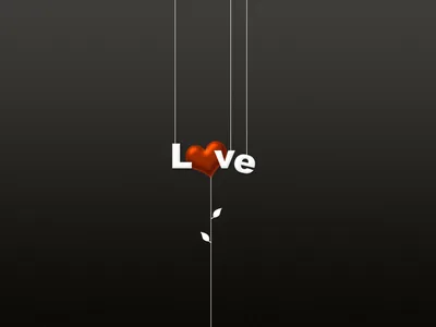 The word Love in white on a grey gradient, the O replaced by a red heart dangling from a thin string with a small leaf below.