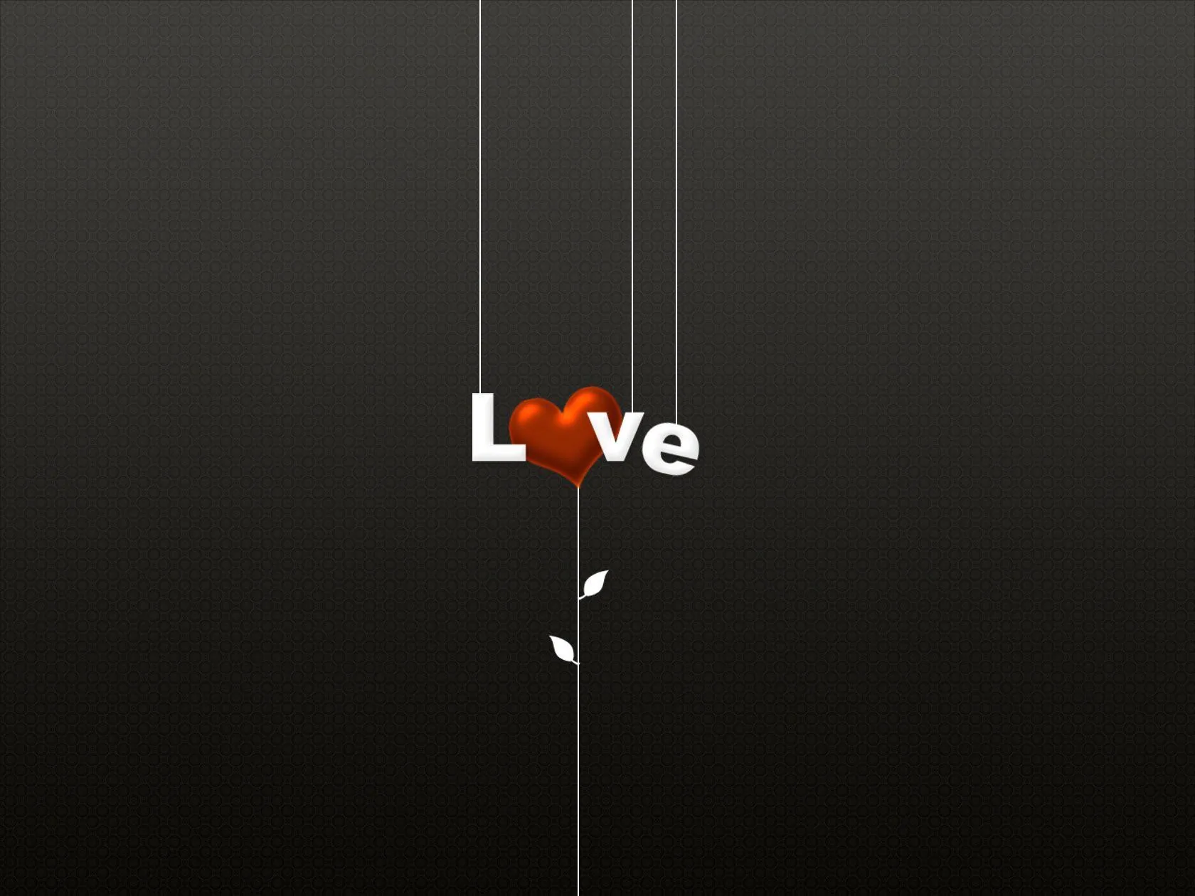 The word Love in white on a grey gradient, the O replaced by a red heart dangling from a thin string with a small leaf below.