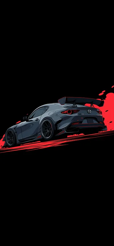 A wide-body race car drawn in flat grey vector shapes on black, with red ink splatter thrown out behind the rear wing — tall crop, most of the top left empty.
