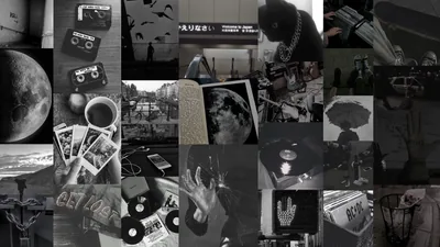 Polaroids, cassette tapes, a turntable and a full moon laid out in a tight grid, all desaturated to soft grey on black.