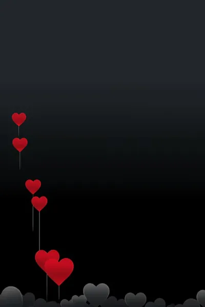 Small red hearts on slim stems climb diagonally from the bottom left corner, the rest of the frame fading from charcoal to black.