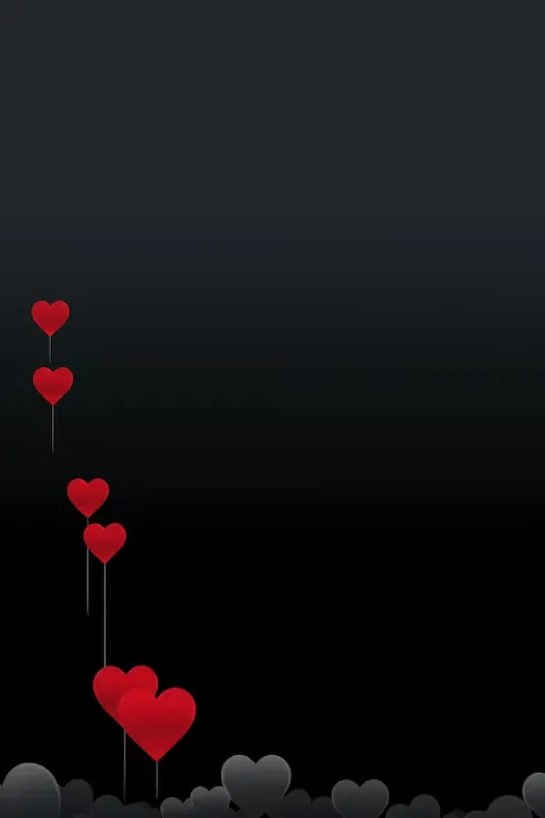 Small red hearts on slim stems climb diagonally from the bottom left corner, the rest of the frame fading from charcoal to black.