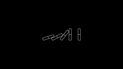A short row of dominoes drawn as thin white rectangles, the left ones already toppling while two stand upright, everything else black.