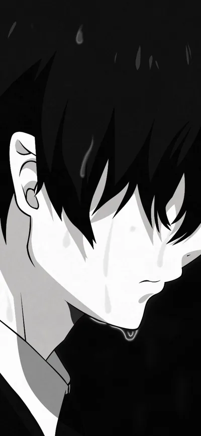 A rain-streaked profile of a black-haired boy in flat monochrome, hair covering his eyes, with the left edge falling to full black.