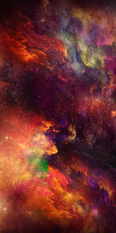 Orange and crimson nebula clouds churn among stars with a green pocket glowing lower left, colour dense enough that icons read best over the darker upper right.