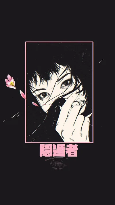 A manga character lifts a hand to their face inside a thin white frame, pink petals drifting on the left and a red kanji plate below.
