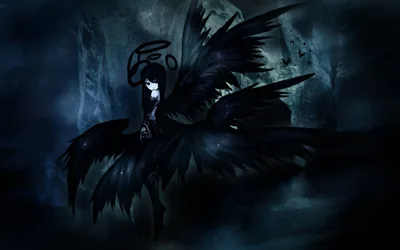 A winged figure with a faint halo spreads huge black feathered wings across a crumbling blue-grey hall, corners fading to near black.