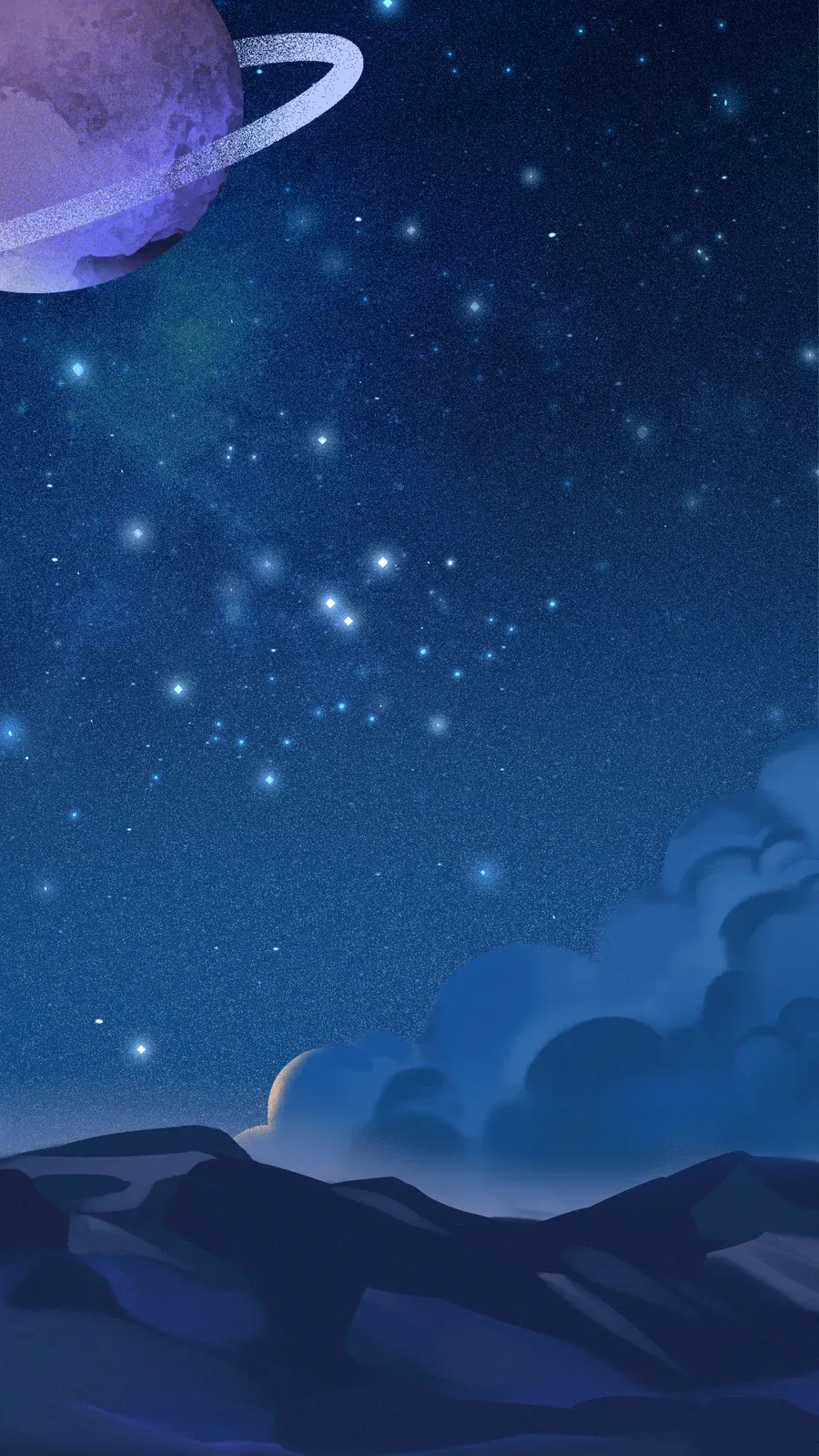 Flat illustration of a ringed planet above dark blue dunes, soft clouds and a crescent low on the right — plenty of quiet sky for icons.
