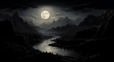 A full moon breaks through thin cloud above black ridges and lays a silver line down the river winding through the valley below.