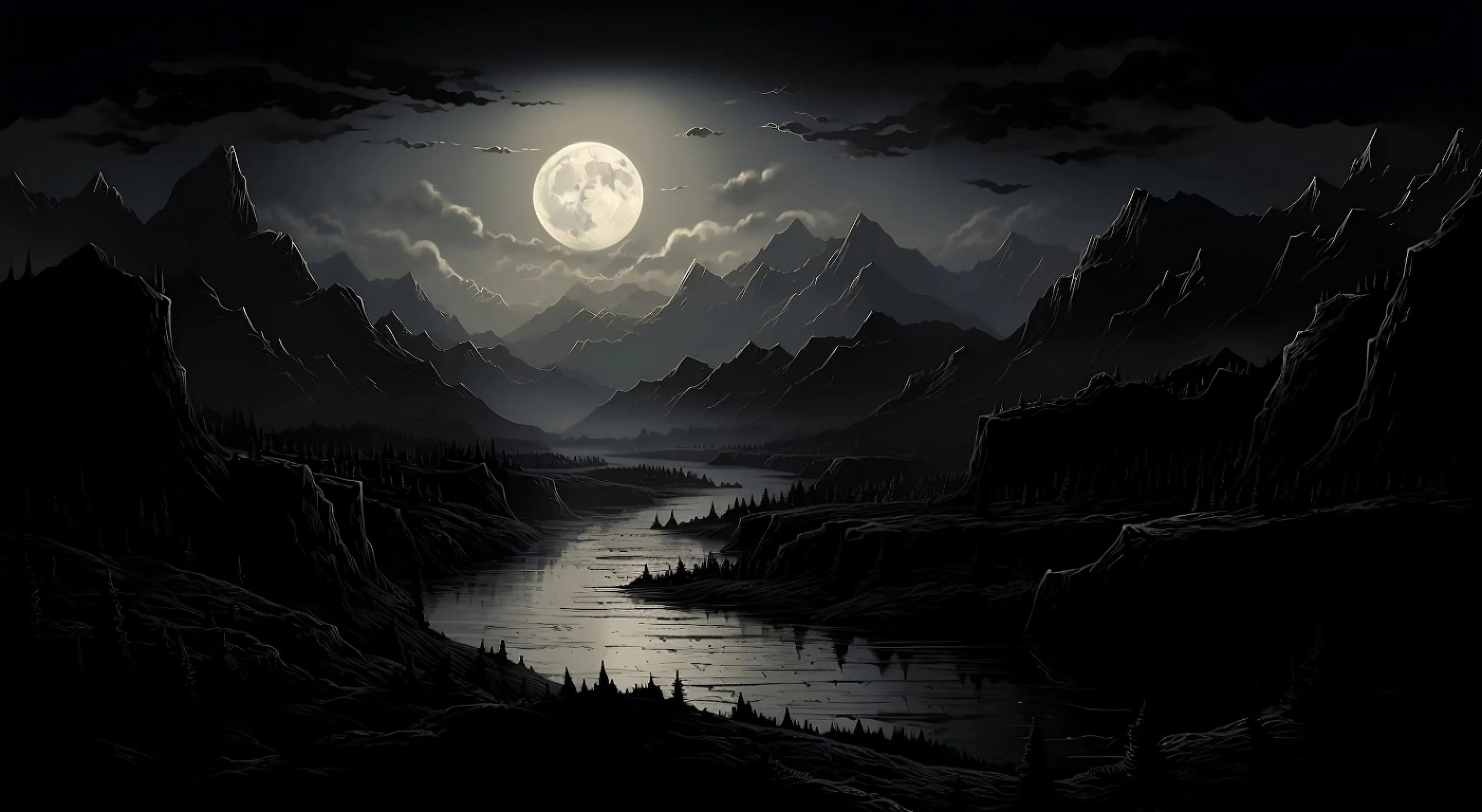 A full moon breaks through thin cloud above black ridges and lays a silver line down the river winding through the valley below.