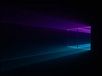 The Windows outline stands at the right edge and throws a long purple-to-blue beam across black, the left half left empty.