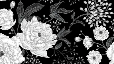 Engraved roses, peonies and trailing leaves repeat in white line work across a black ground, drawn in an old botanical style.