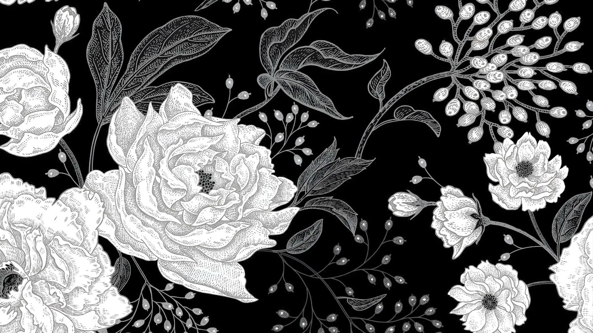 Engraved roses, peonies and trailing leaves repeat in white line work across a black ground, drawn in an old botanical style.