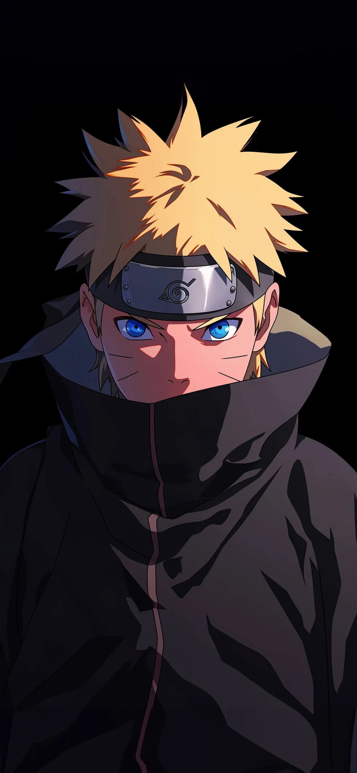 Naruto in his high collar against a near-black background, blue eyes and blond hair the only colour.