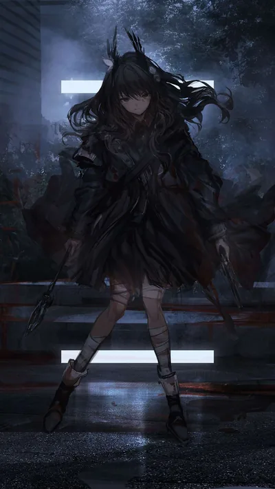A horned girl in a windblown black dress walks a rain-dark street, pale light bars glowing behind her while the foreground falls to shadow.
