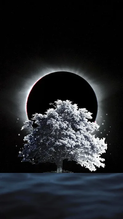 A black sun ringed with light sits behind a bare tree in white bloom, the sea running flat along the bottom.