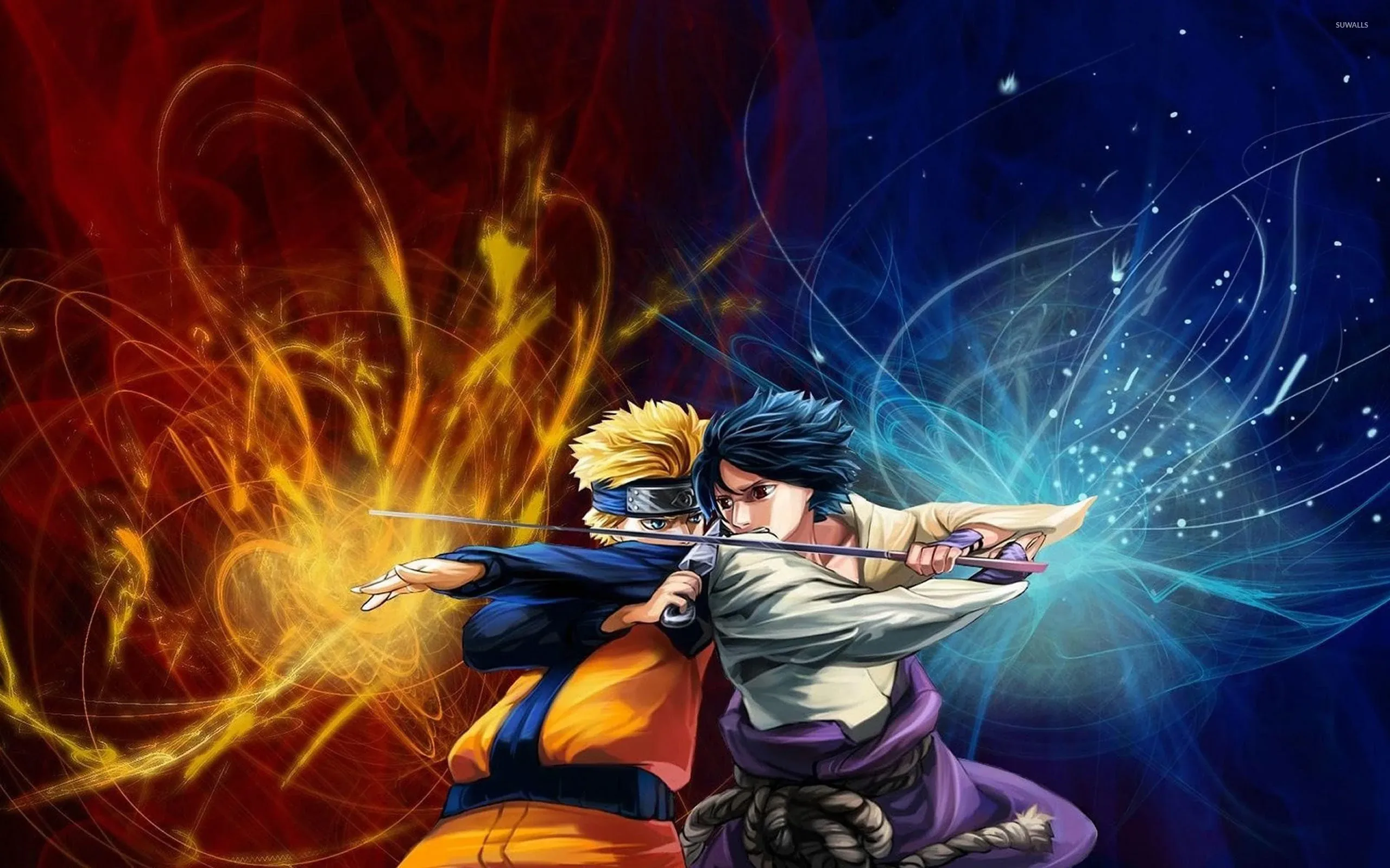 Naruto and Sasuke stand back to back as the frame splits into orange flame and blue lightning, energy trails whipping toward both corners.